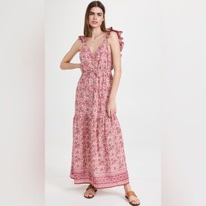 Faherty Hyland Dress in Sun Up Block Print Pink & Red Floral Cotton Maxi Sz S